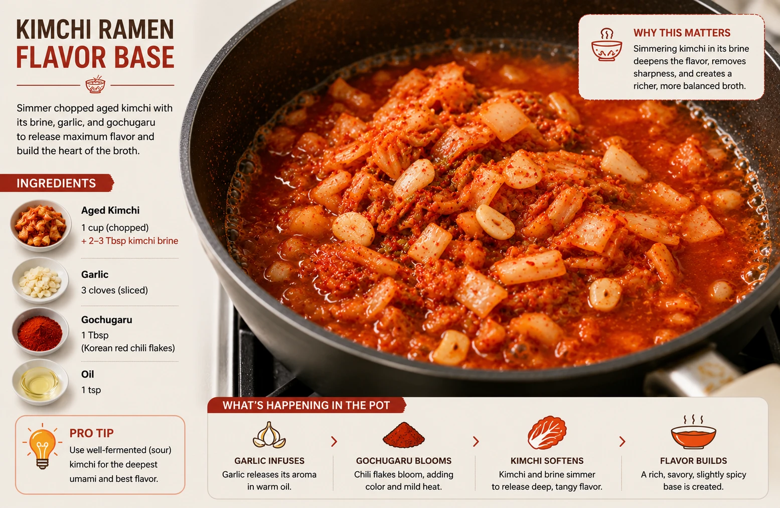Chopped aged kimchi and its brine simmering in a pot with garlic and gochugaru for kimchi ramen