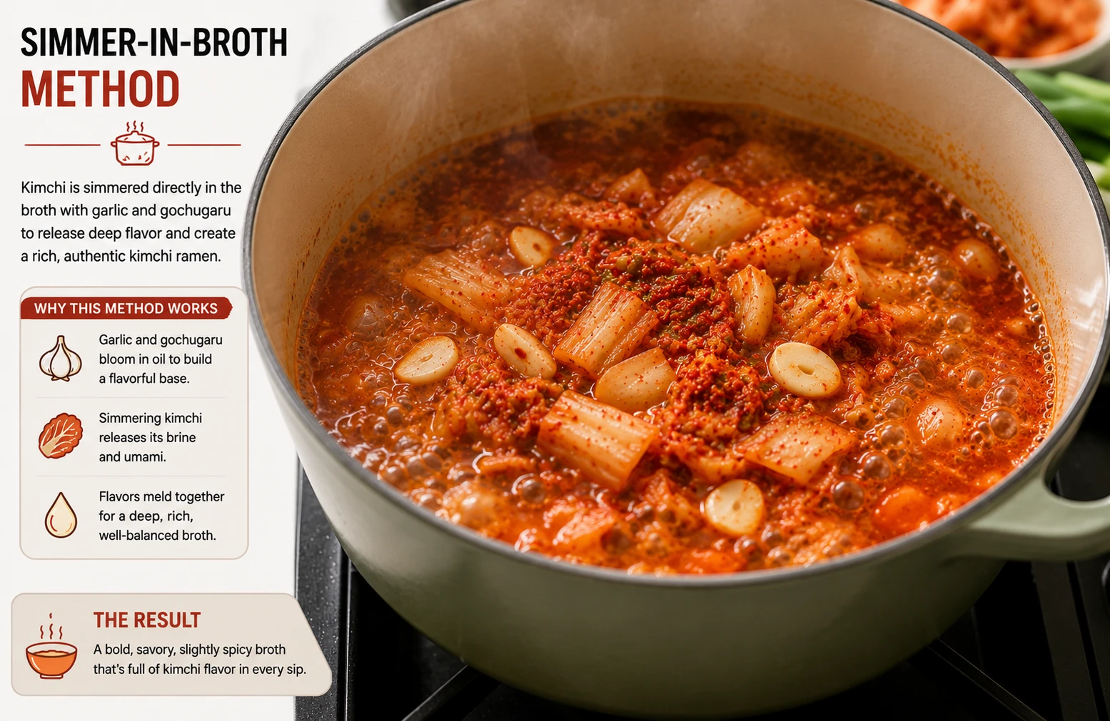 Simmer in broth method kimchi cooking directly in pot with garlic gochugaru for kimchi ramen