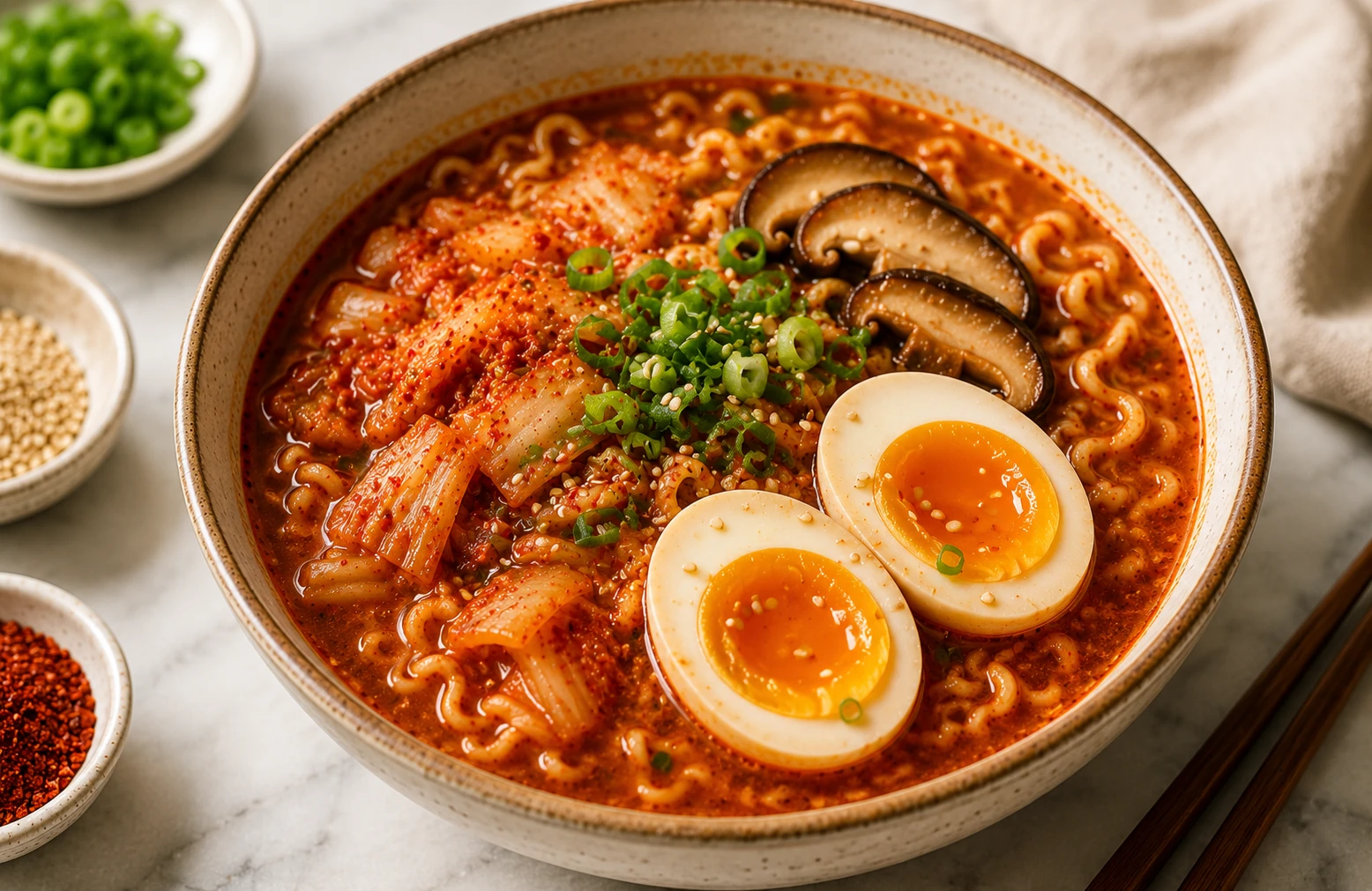 Soft-boiled egg halves placed on finished classic kimchi ramen bowl