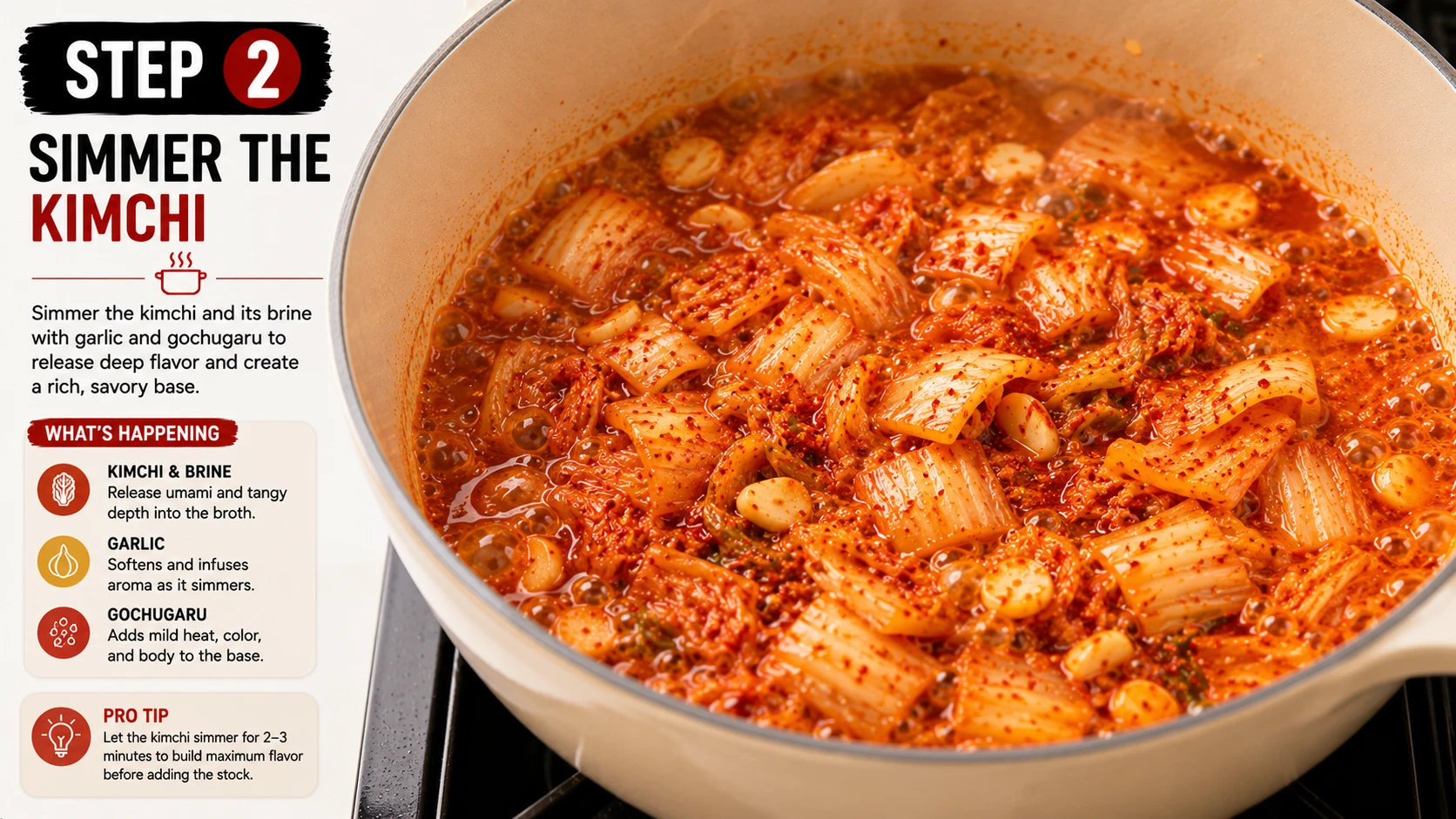 Chopped kimchi and brine simmering in pot with garlic and gochugaru for classic kimchi ramen step 2