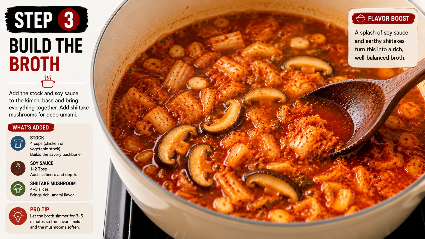 Stock and soy sauce added to simmered kimchi base with shiitake mushroom for classic kimchi ramen step 3