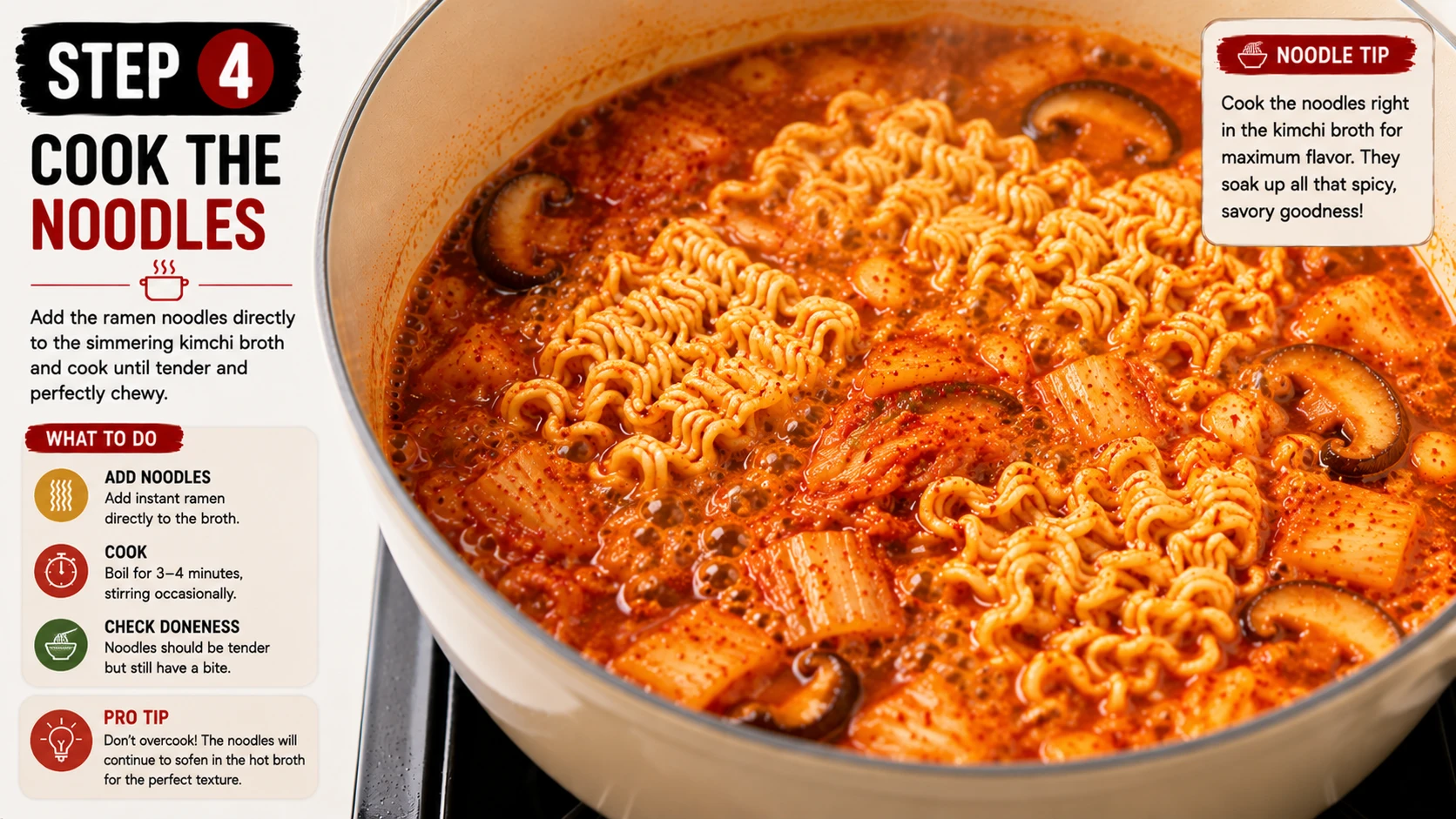 Instant ramen noodle blocks cooking directly in kimchi broth for classic kimchi ramen step 4