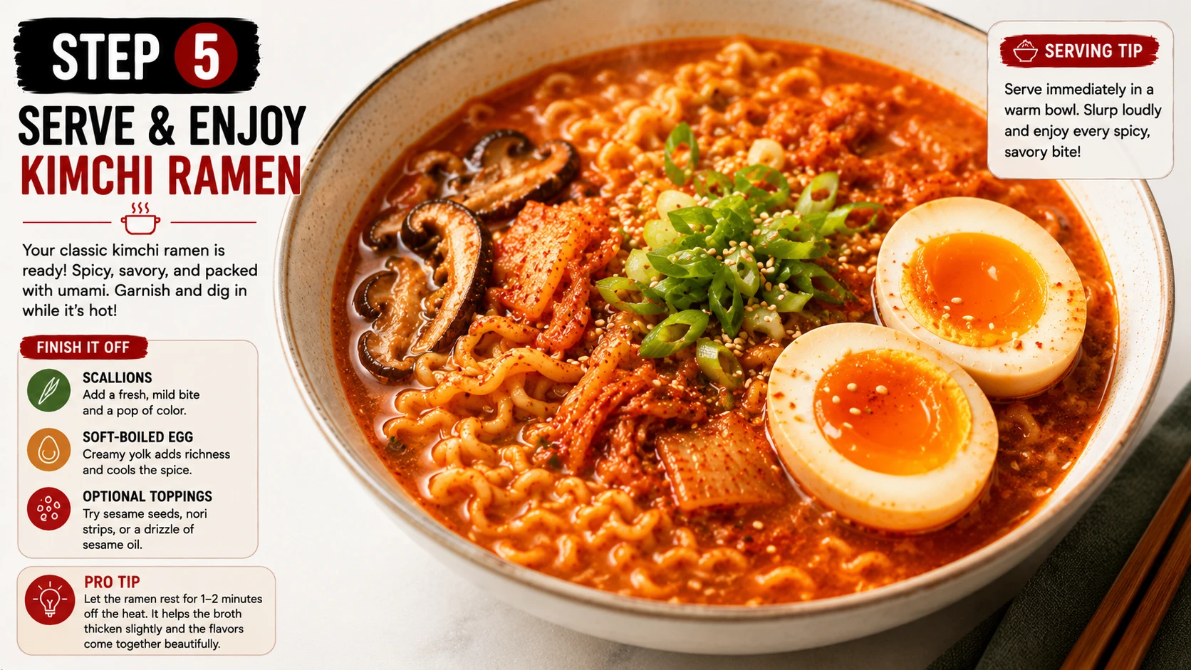 Finished classic kimchi ramen bowl with soft-boiled egg and scallion garnish step 5