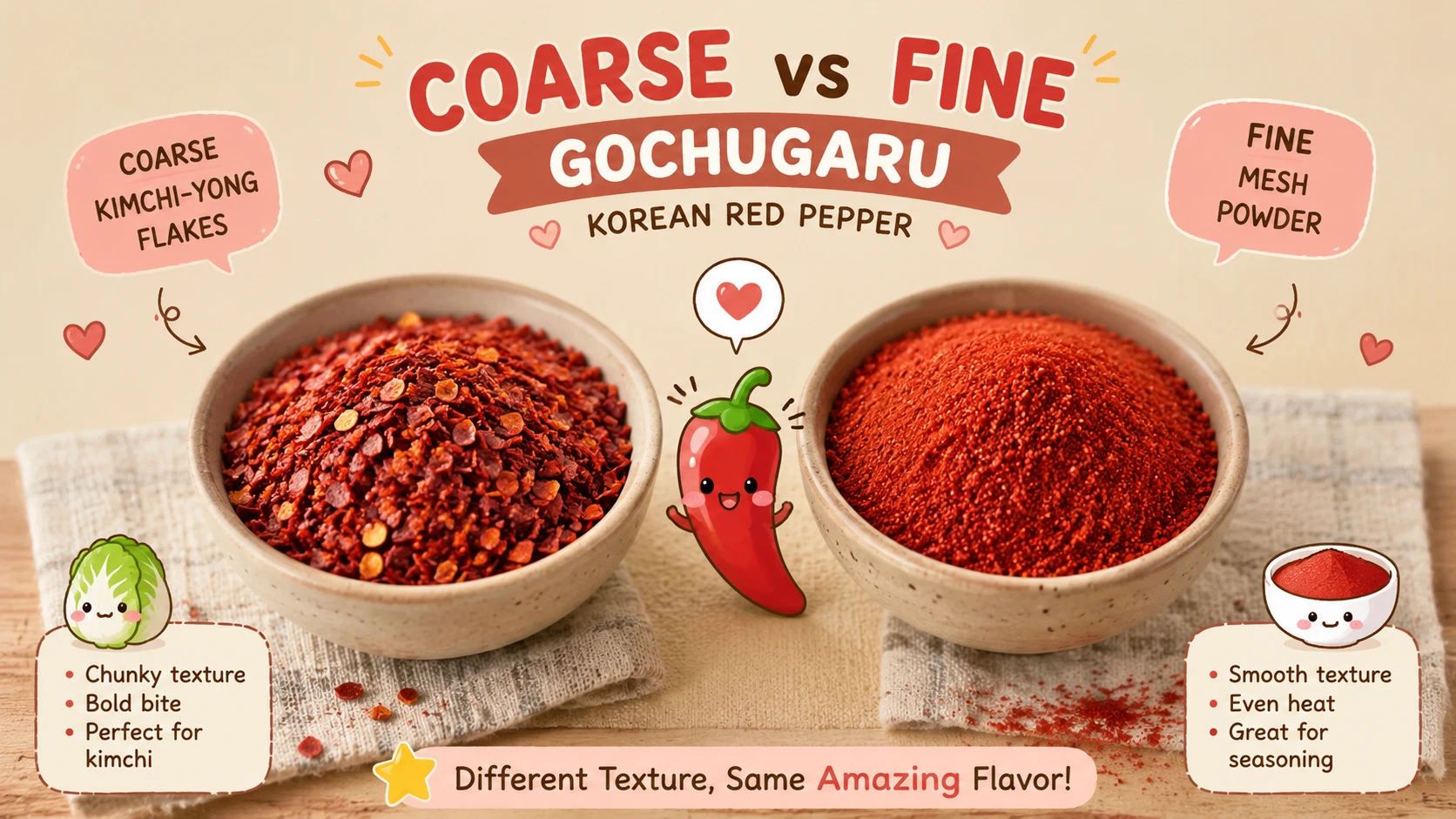Side-by-side comparison of coarse kimchi-yong gochugaru flakes and fine mesh gochugaru powder in small bowls
