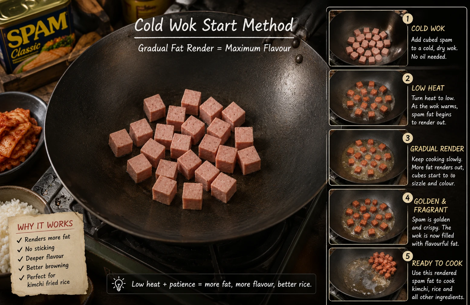 Cold wok start method spam cubes added to cold dry wok gradual fat render technique