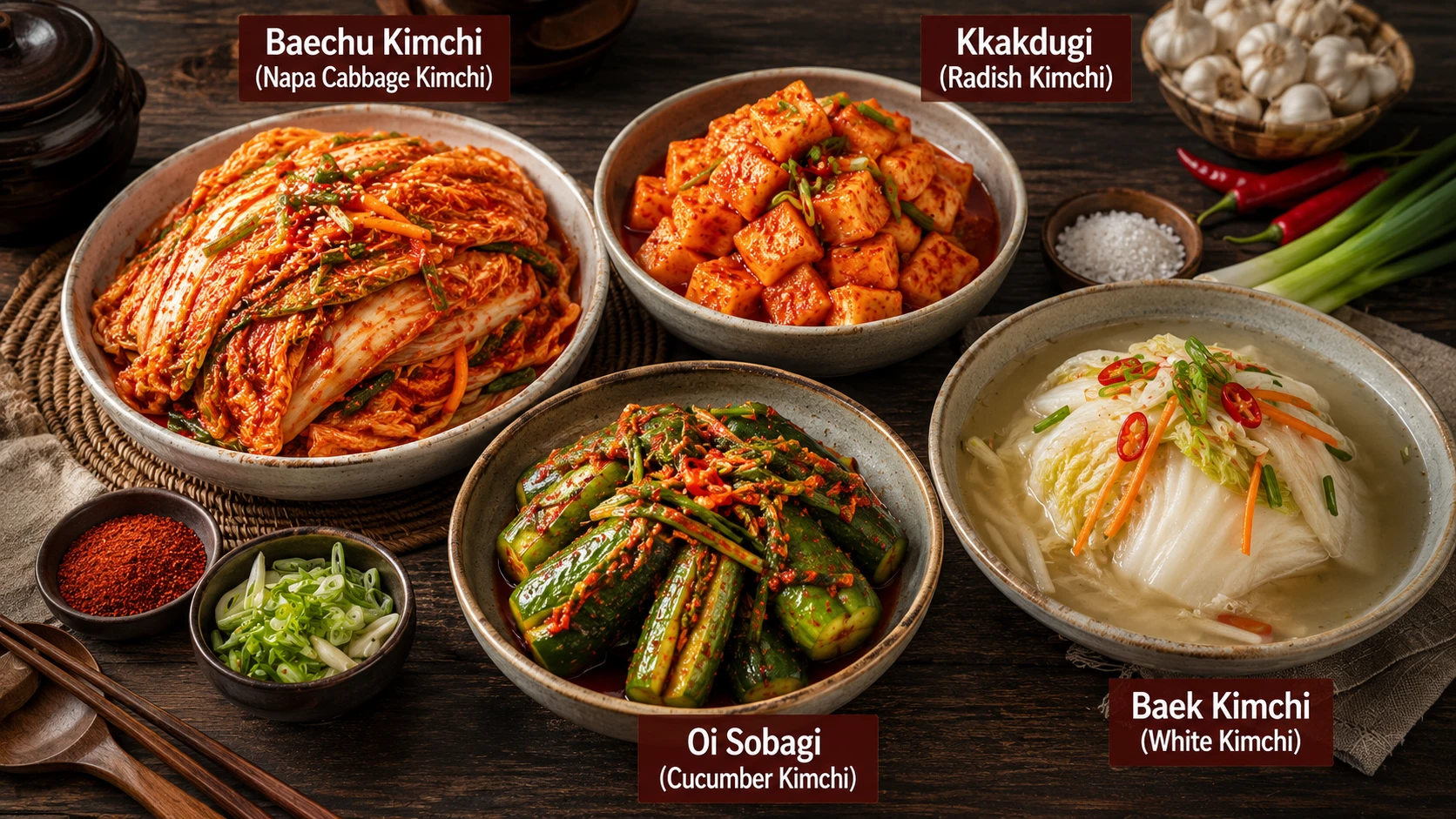 A spread of common kimchi varieties including baechu, kkakdugi, oi sobagi, and baek kimchi