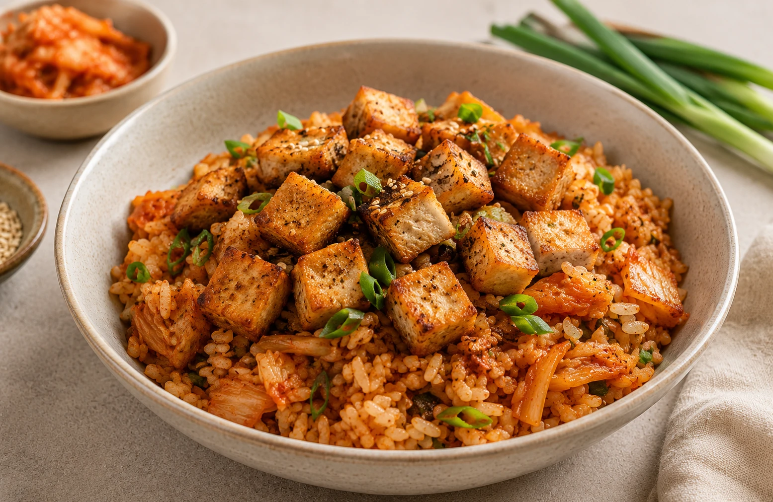 Crispy marinated tofu cubes replacing egg topping vegan kimchi fried rice