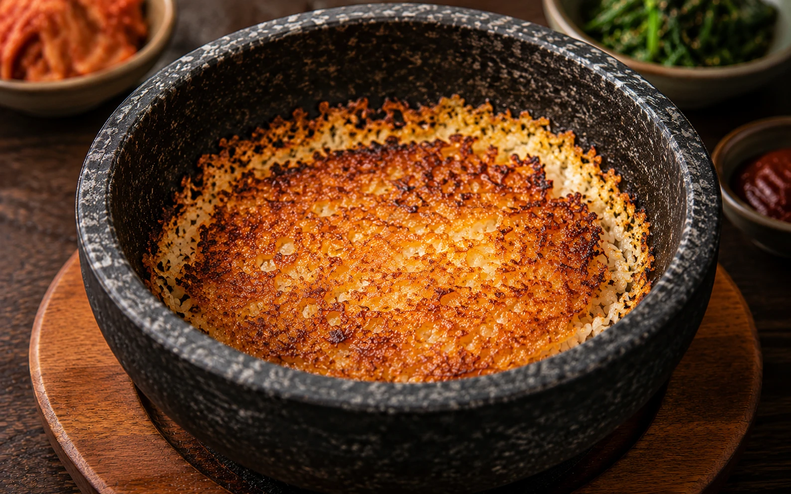Golden crispy nurungji rice crust forming at the bottom of a dolsot stone bowl