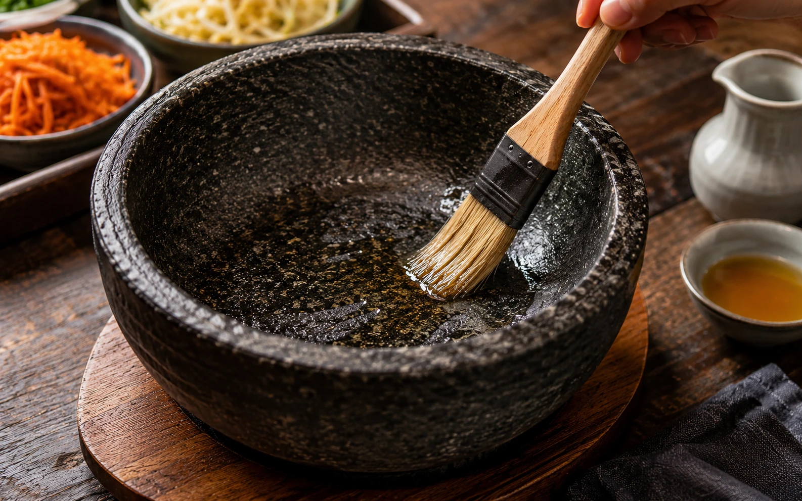 Sesame oil being brushed into an empty dolsot stone bowl before preheating for kimchi bibimbap