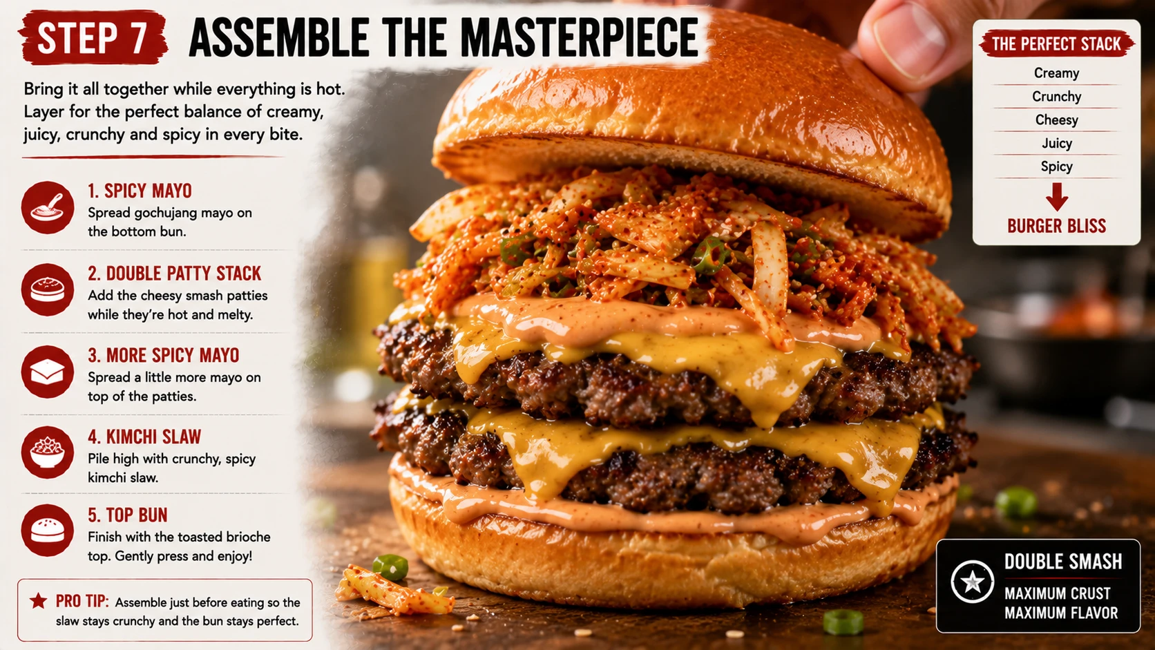 Assembling double smash kimchi burger layering gochujang mayo stacked double patty and kimchi slaw