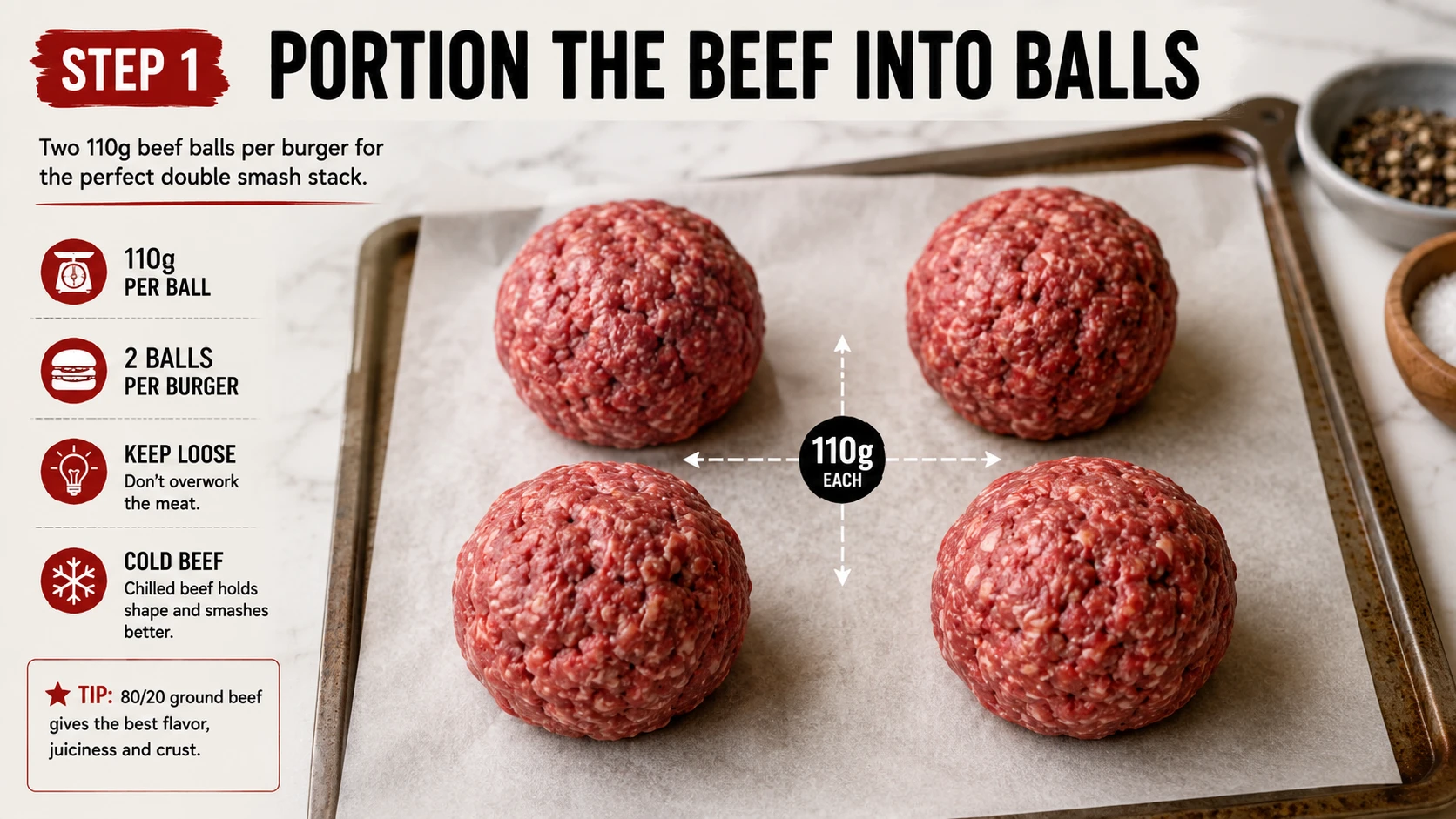 Four loosely formed 110 gram beef balls for double smash kimchi burger, two per burger