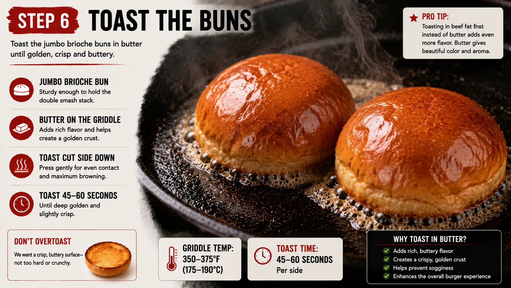 Jumbo brioche bun toasting cut side down in butter for double smash kimchi burger