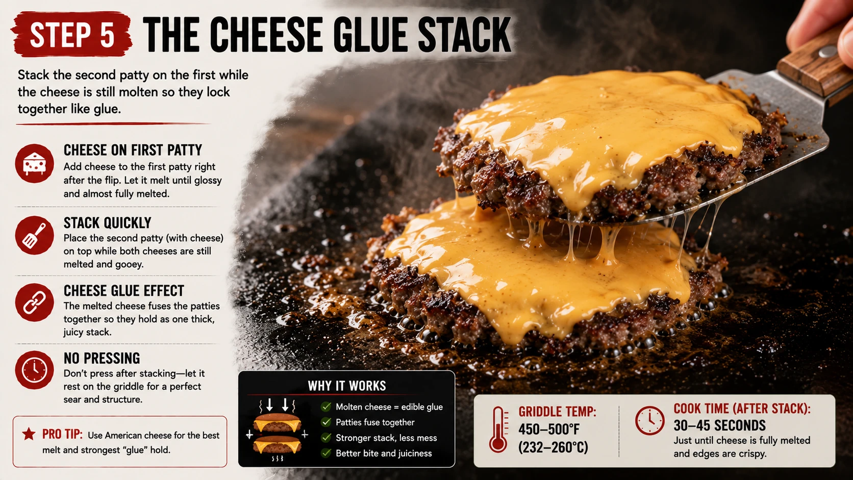Two cheese topped smash patties being stacked together on the griddle while cheese is still melting