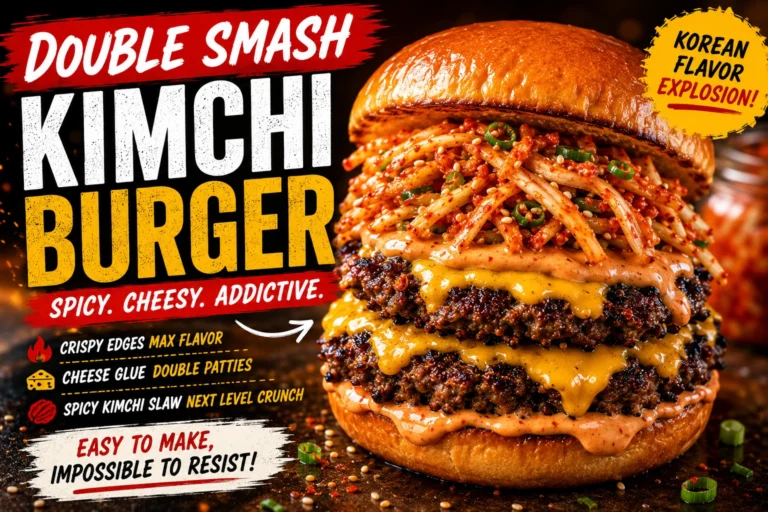 Double smash kimchi burger with crispy beef patties, melted American cheese, spicy gochujang mayo, kimchi slaw and toasted brioche bun