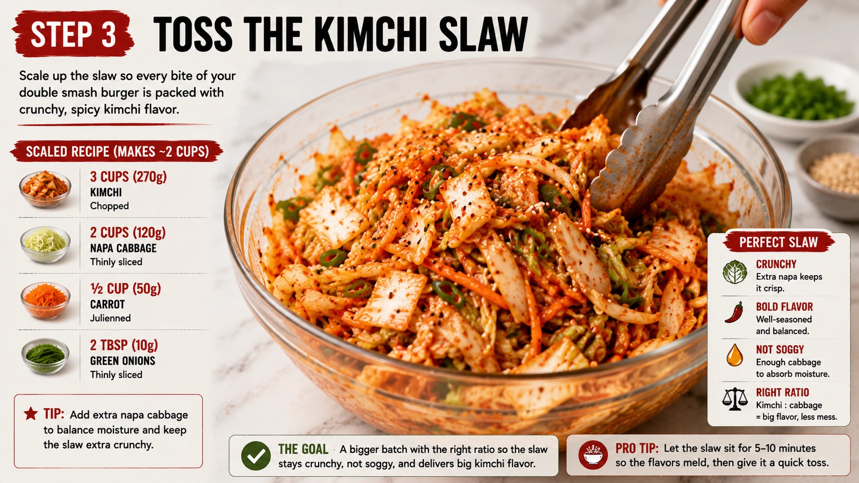 Scaled up kimchi slaw being tossed with extra napa cabbage for double smash kimchi burger