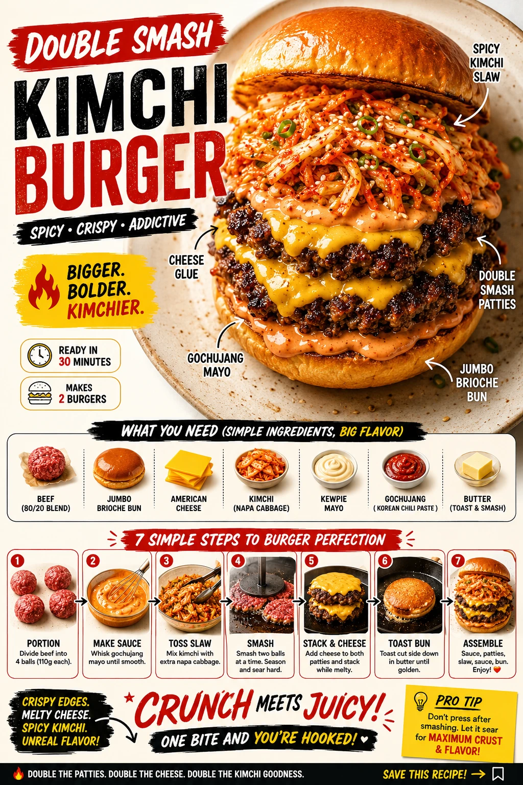 Overhead shot of double smash kimchi burger with stacked patties, cheese glue, gochujang mayo, kimchi slaw and jumbo brioche bun — Pinterest recipe card