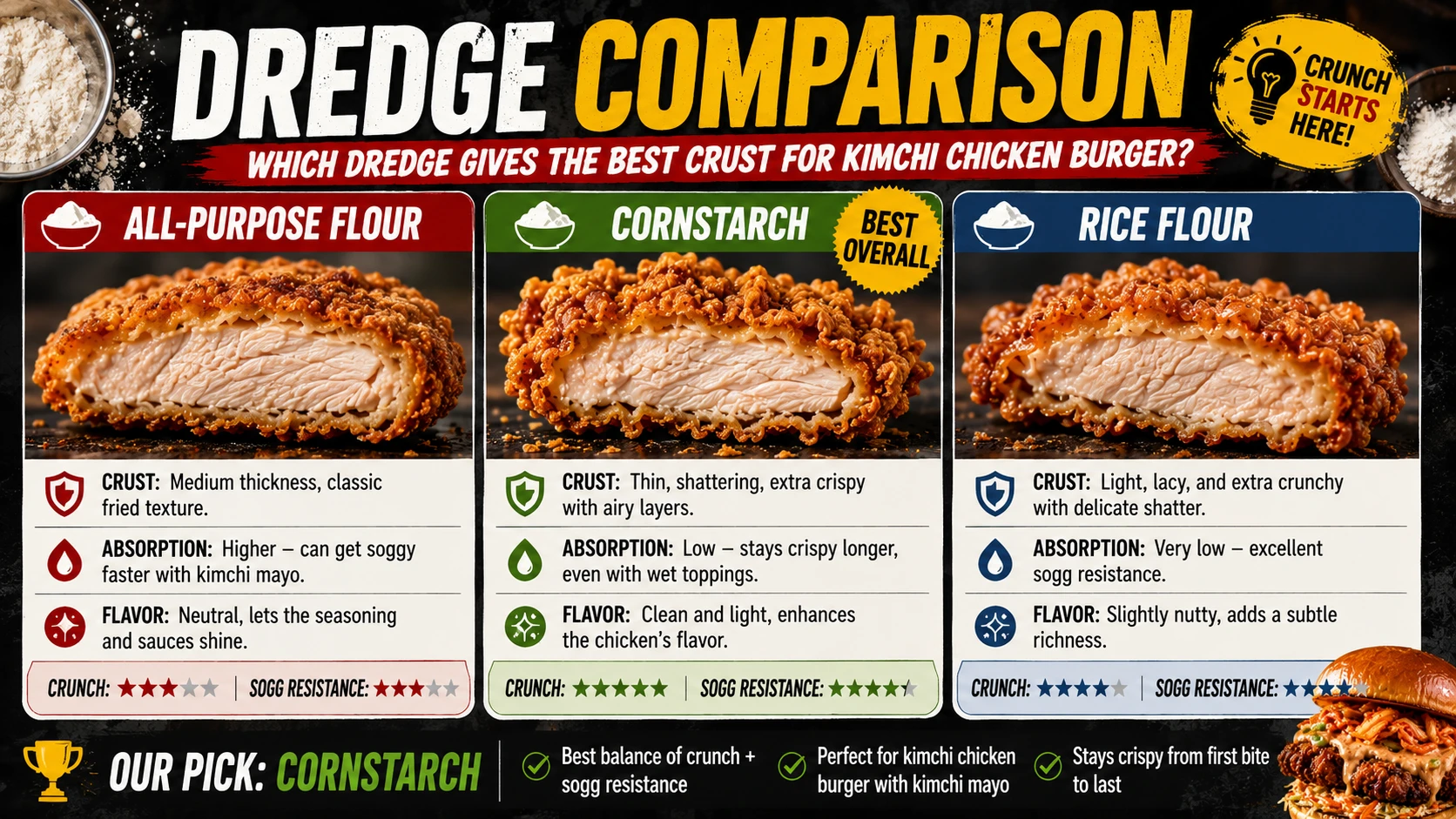 Three chicken dredge coatings compared flour cornstarch blend and rice flour for kimchi chicken burger