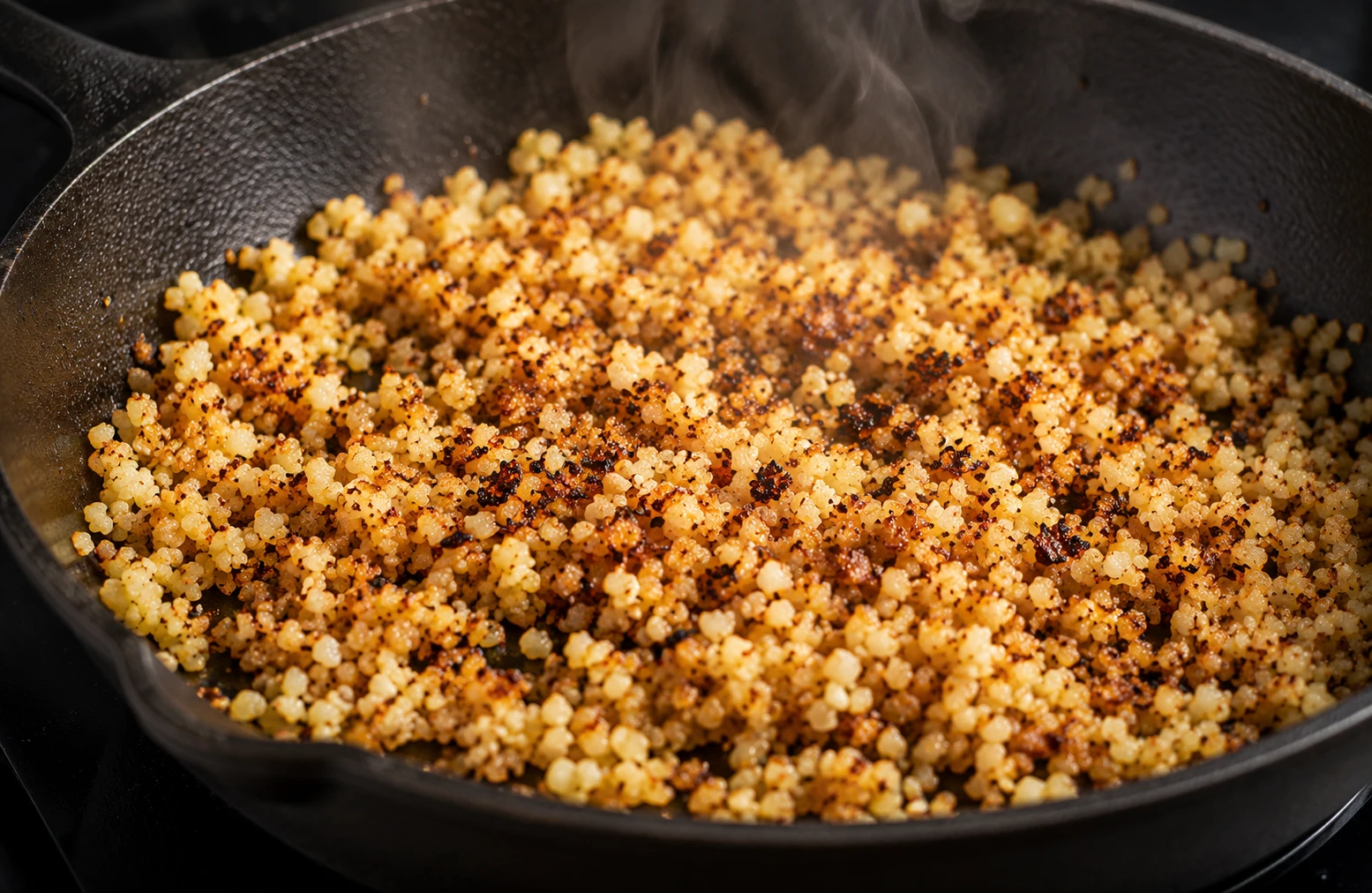 Dry fry Maillard reaction golden char developing on riced cauliflower in cast iron pan