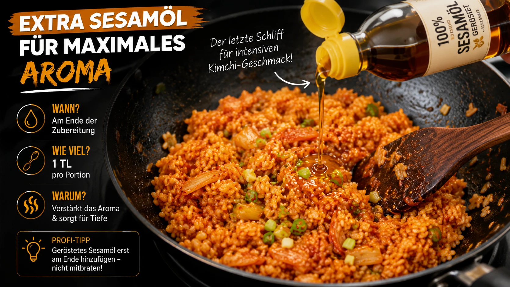Extra Sesamöl wird in Kimchi Bratreis ohne Ei eingerührt