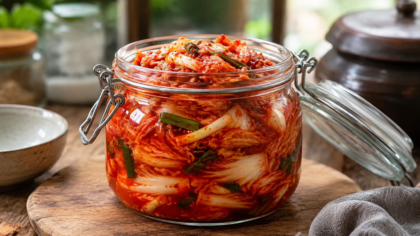 Finished homemade easy kimchi packed into a glass jar, deep red and glossy