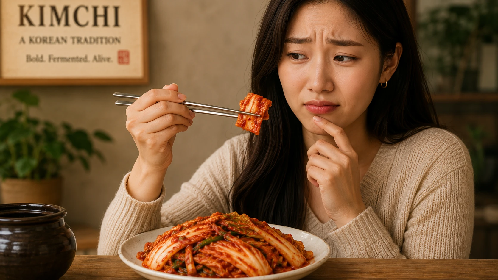 A person trying kimchi for the first time with an uncertain expression, next to a plate of napa cabbage kimchi