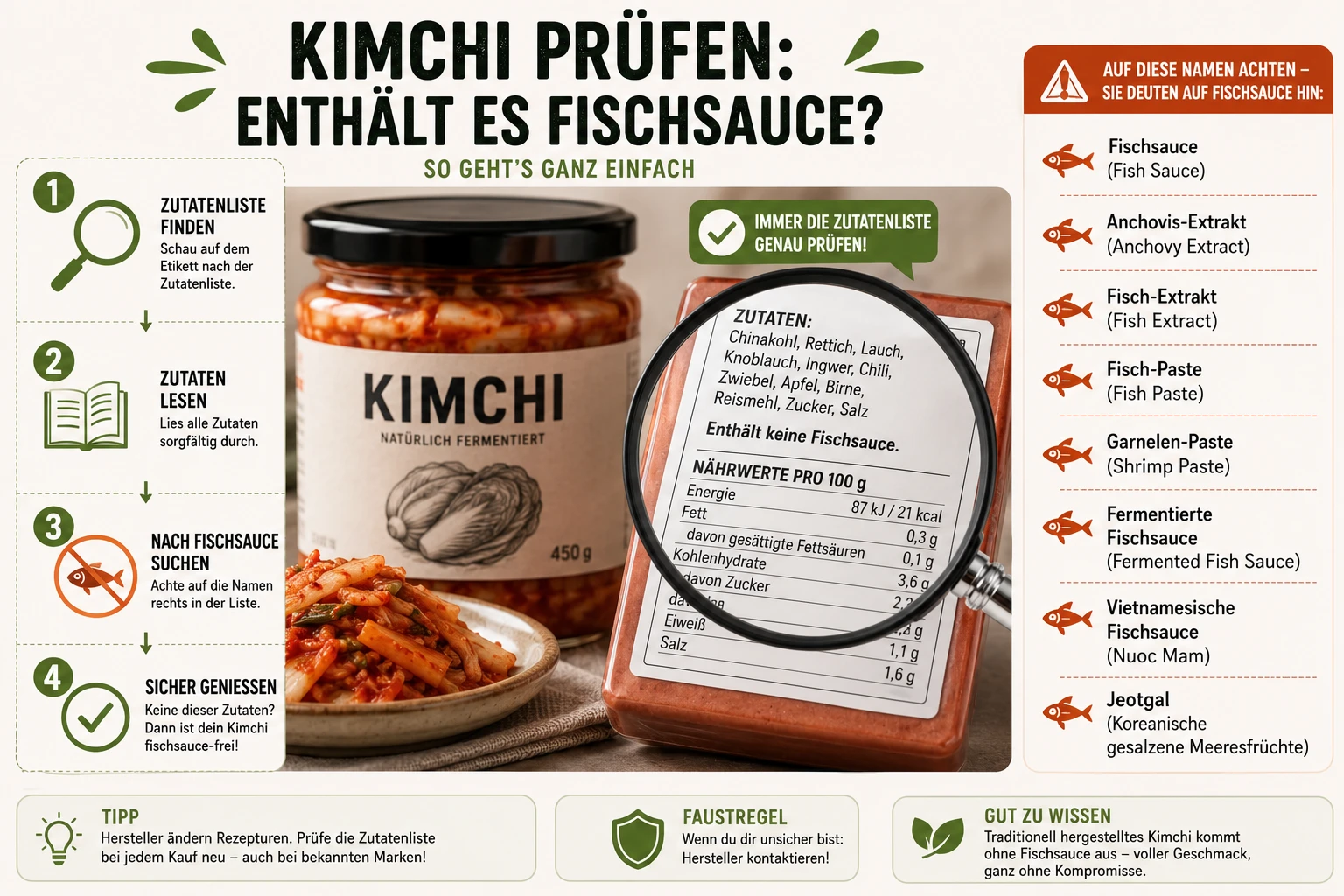 Zutatenliste von Kimchi wird auf Fischsauce geprüft
