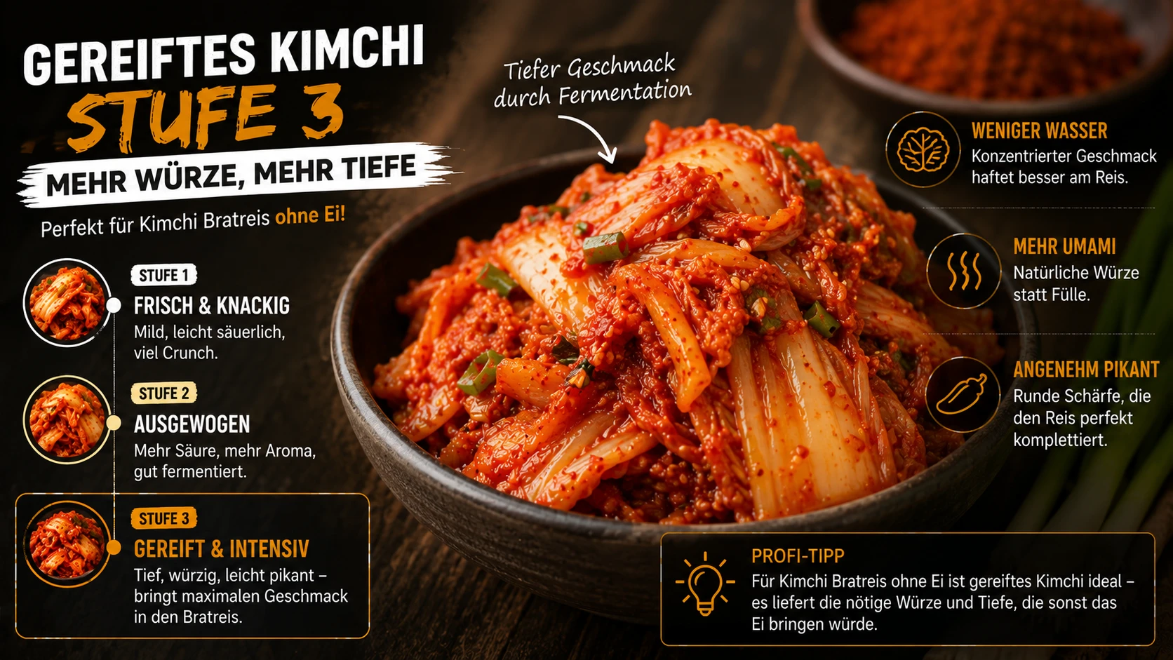 Gereiftes Kimchi trägt mehr Würze ohne die Ei-Fülle