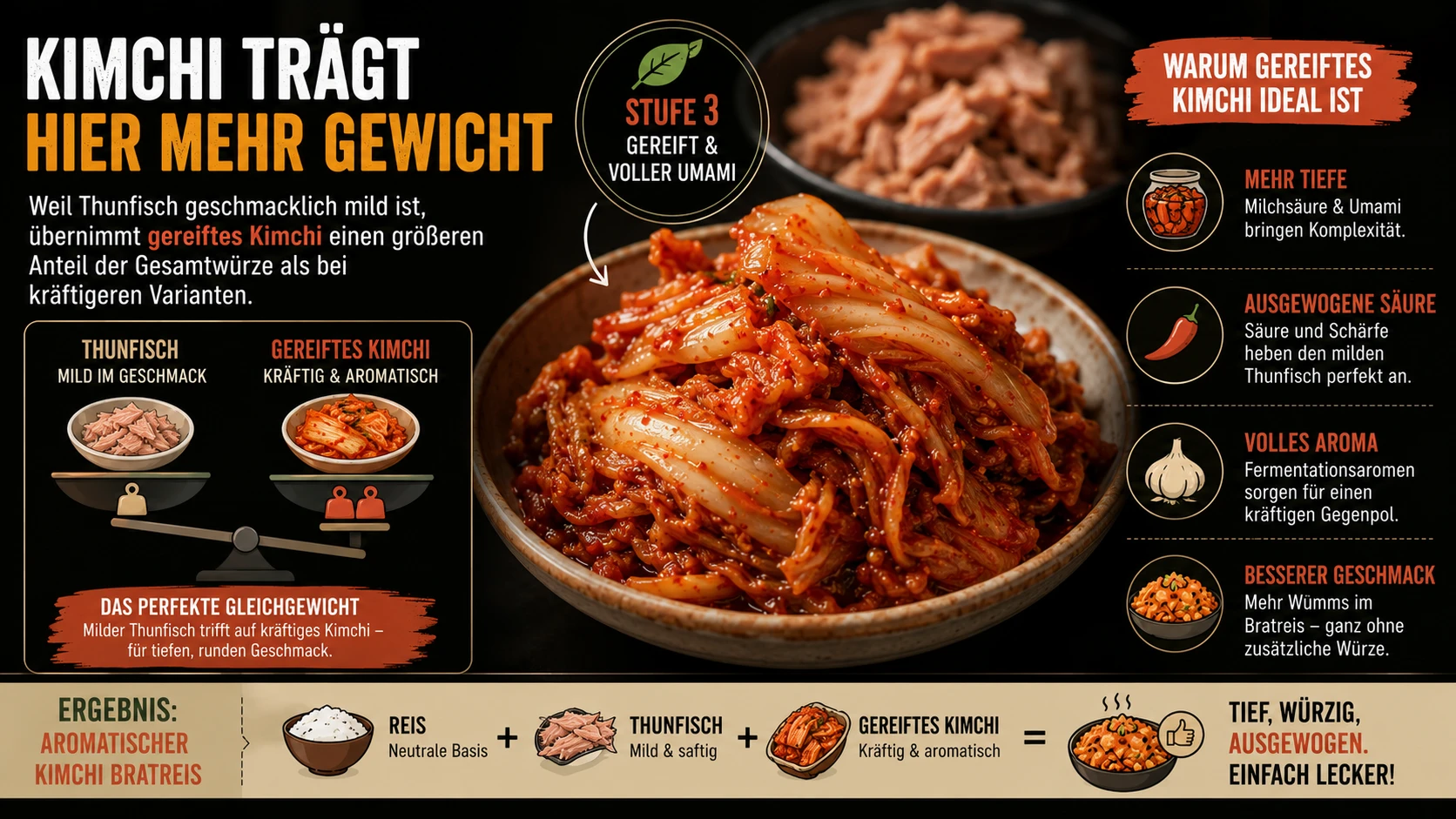 Gereiftes Kimchi als aromatischer Gegenpol zum milden Thunfisch