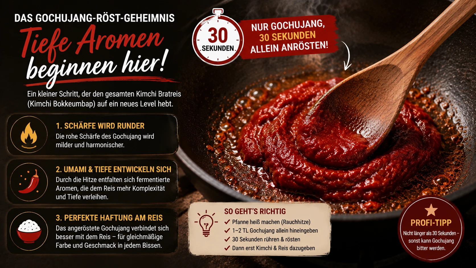 Gochujang koreanische fermentierte Chilipaste — 30 Sekunden allein in der Pfanne geröstet, bevor der Reis dazukommt