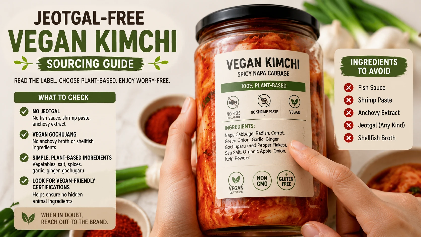 Jeotgal free vegan kimchi jar with ingredient label being checked