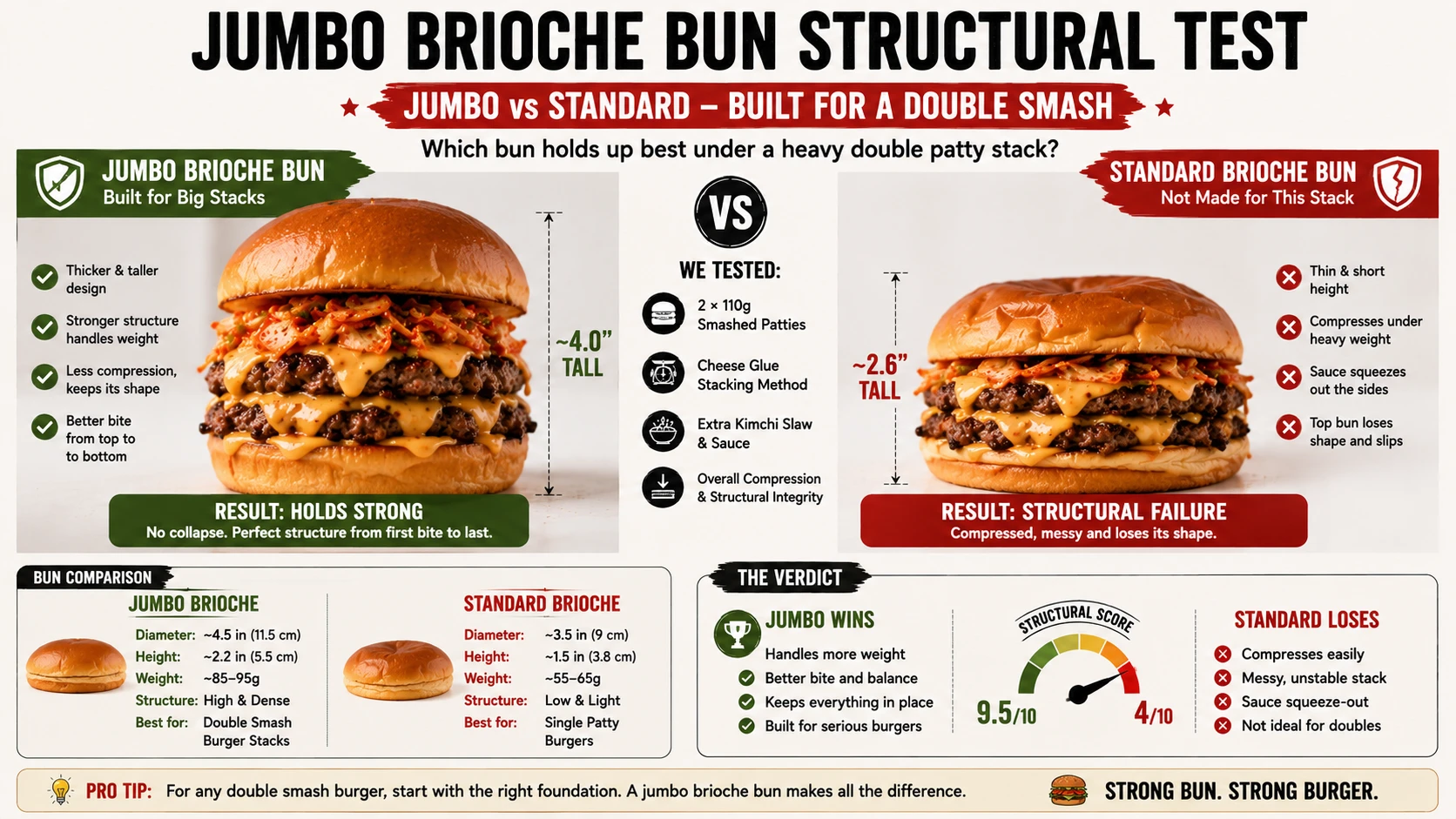Jumbo brioche bun compared against standard brioche bun for structural strength under a double patty stack