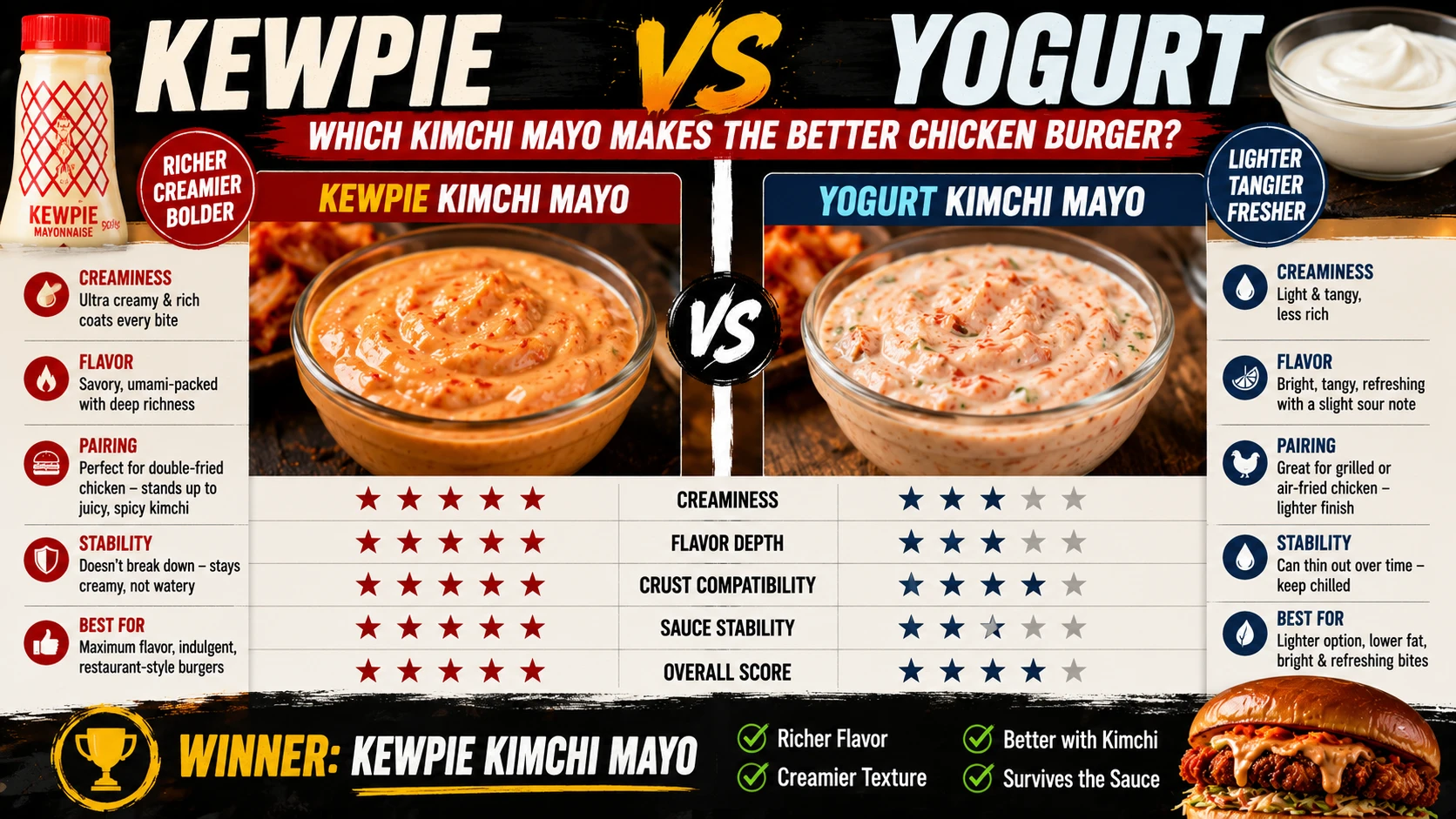 Kewpie based kimchi mayo compared against yogurt based kimchi sauce for kimchi chicken burger