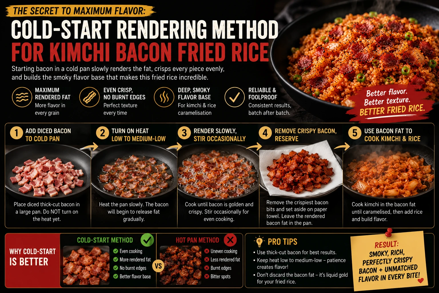 Cold start bacon rendering method even crisp kimchi bacon fried rice
