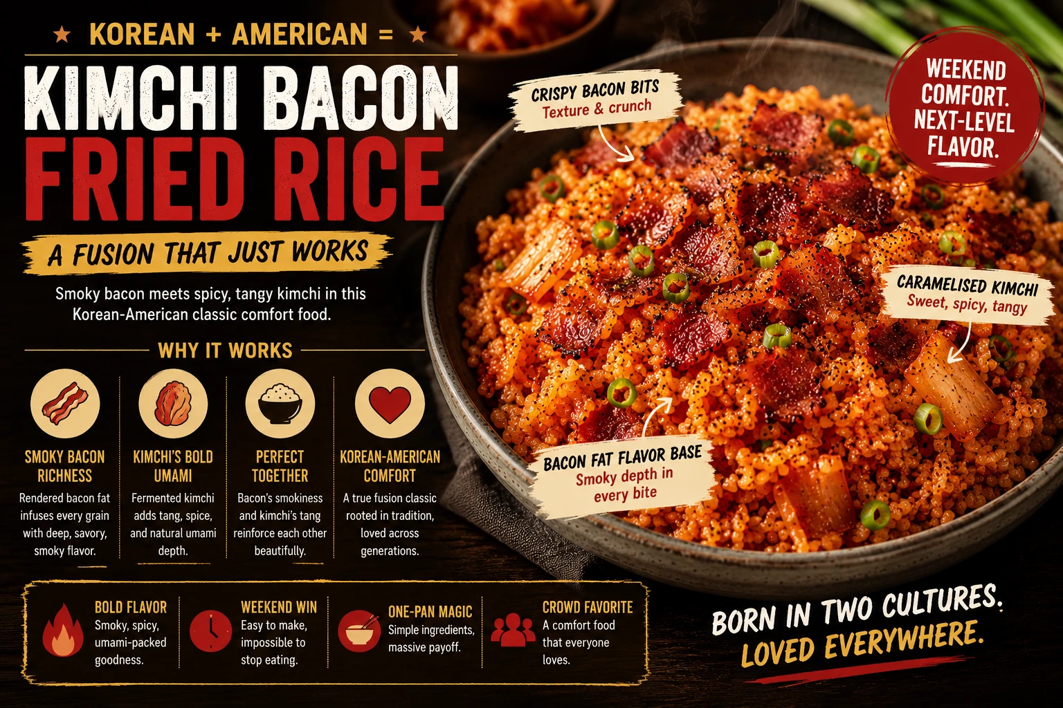 Korean American fusion comfort food kimchi bacon fried rice