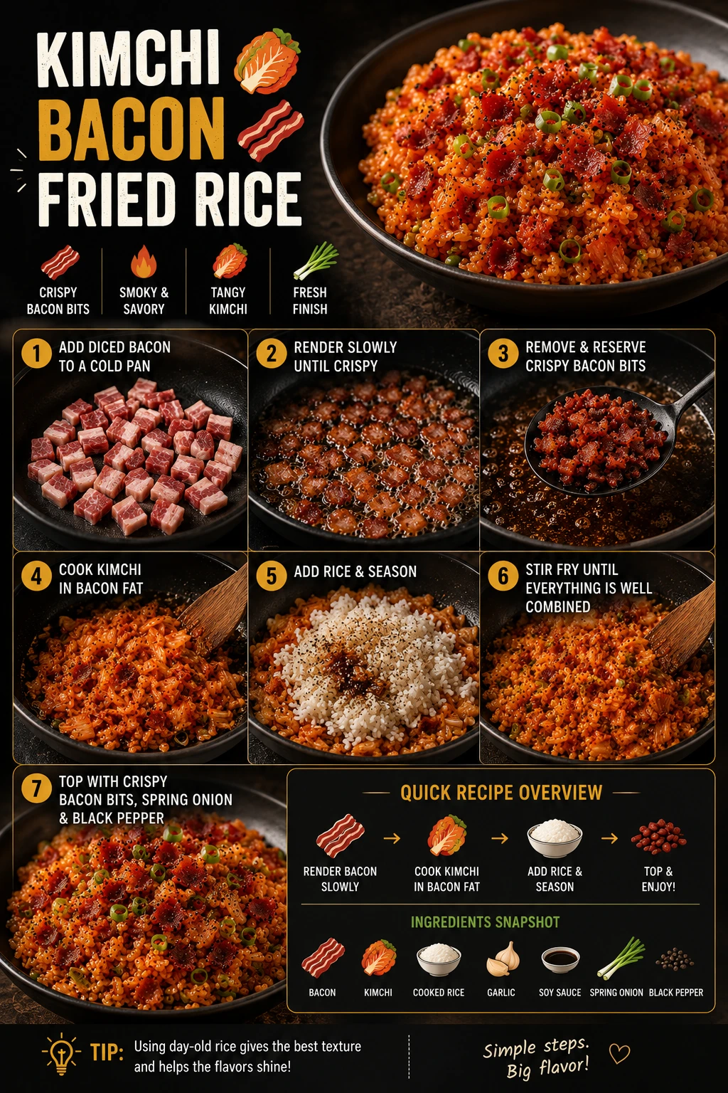 Kimchi bacon fried rice crispy bacon bits smoky Korean American comfort food recipe card