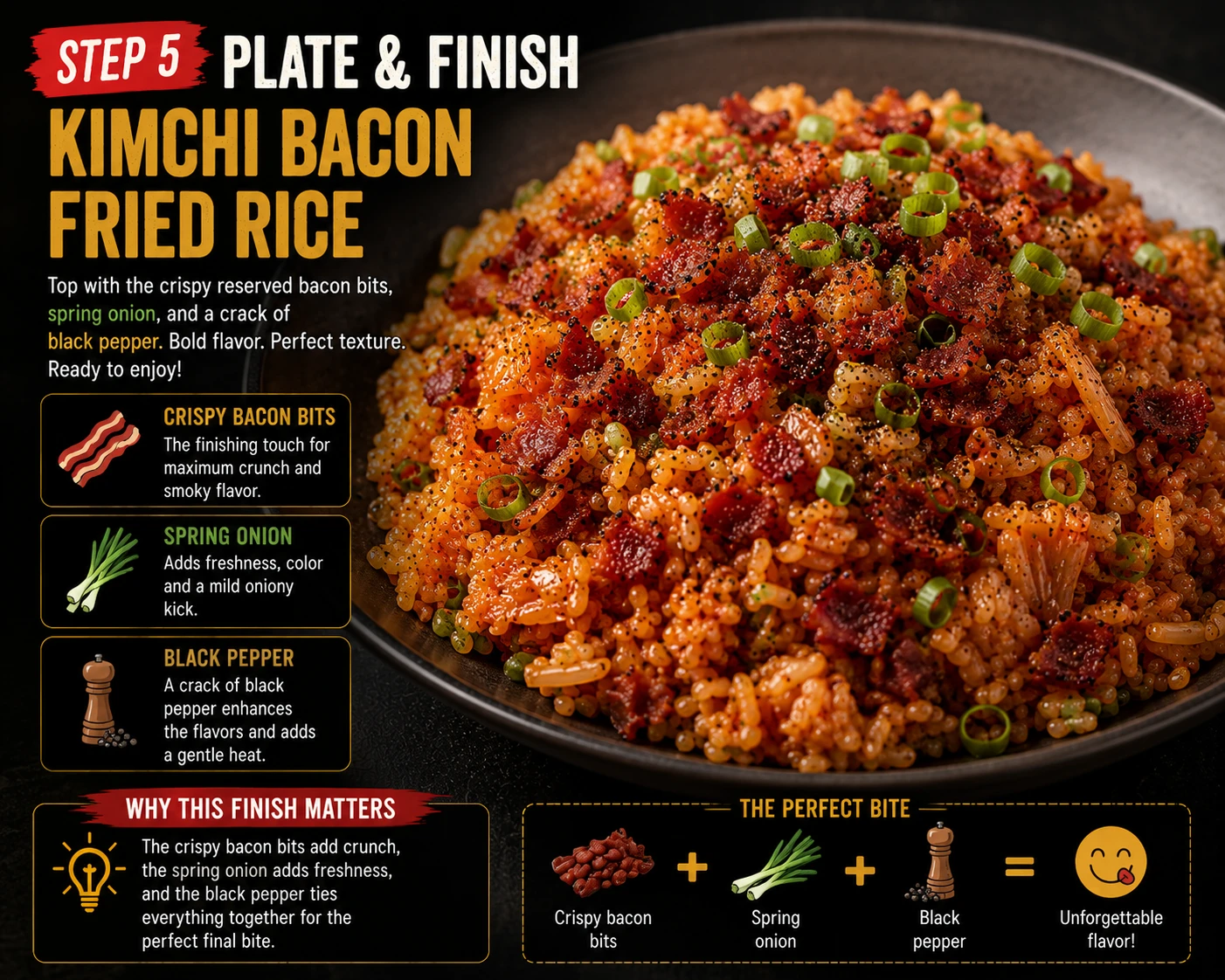 Kimchi bacon fried rice plated with crispy bacon bits spring onion black pepper