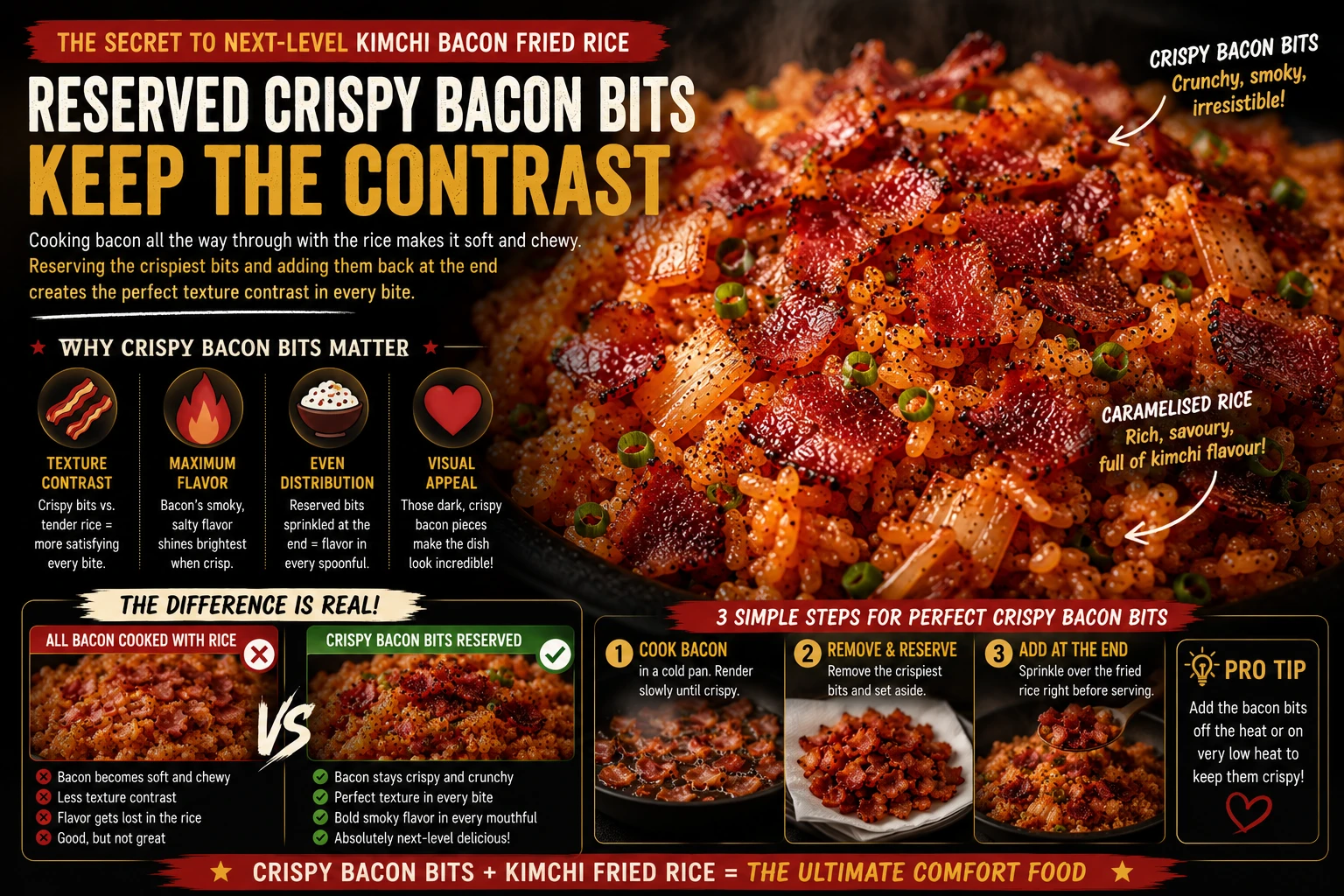 Smoky umami depth bacon fat kimchi caramelisation