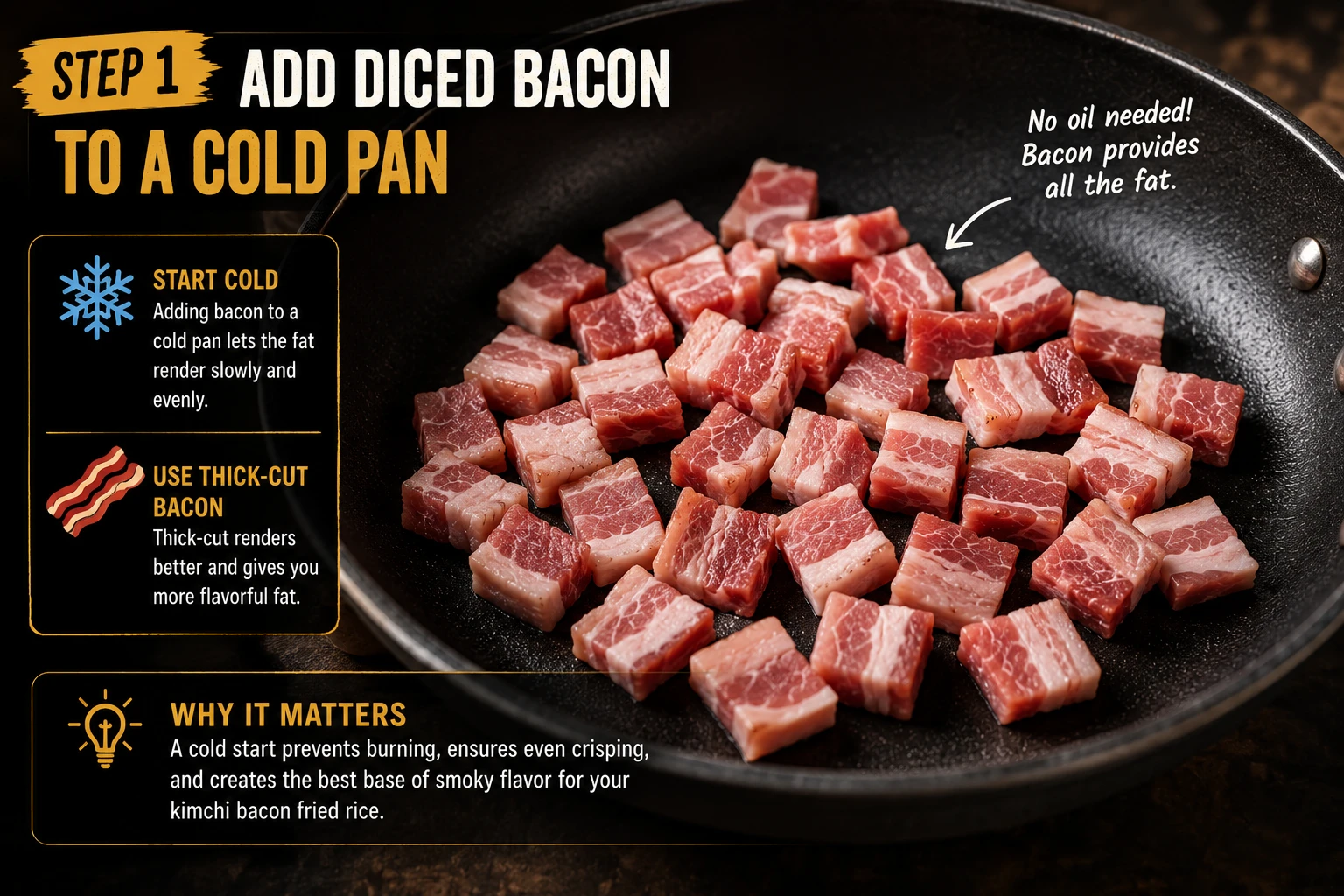 Cold starting diced bacon in dry pan before turning on heat kimchi bacon fried rice