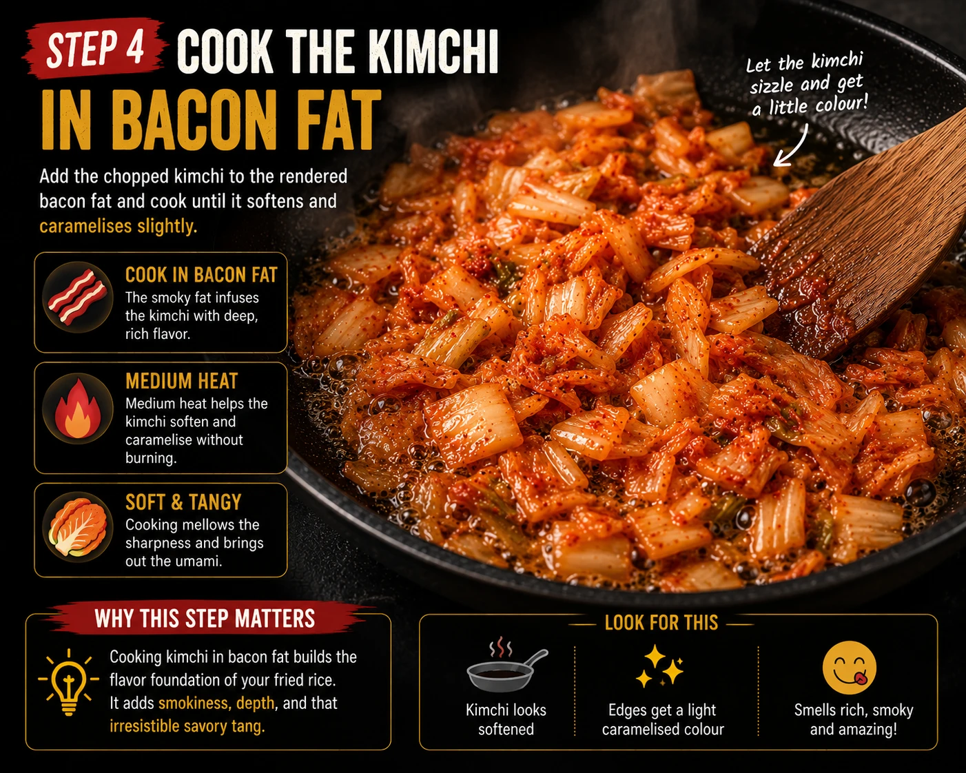 Cold rice combined with caramelised kimchi and gochujang in bacon fat