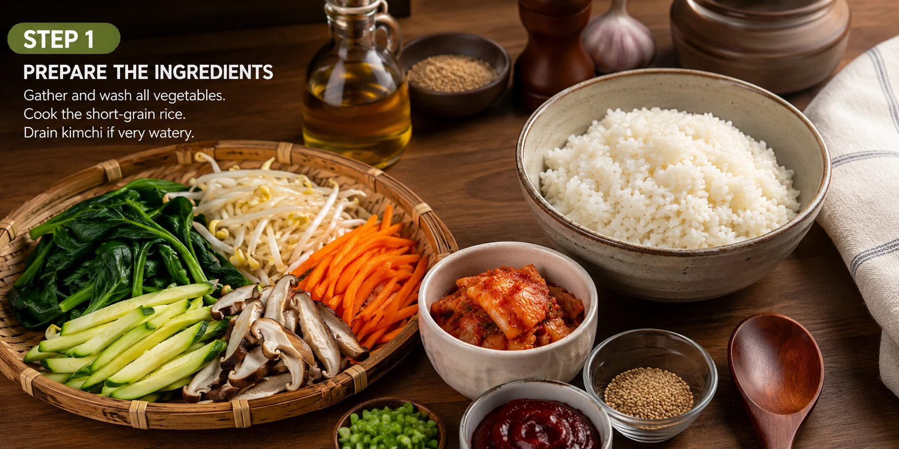 All ingredients laid out for kimchi bibimbap — aged kimchi, vegetables, gochujang, sesame oil, rice