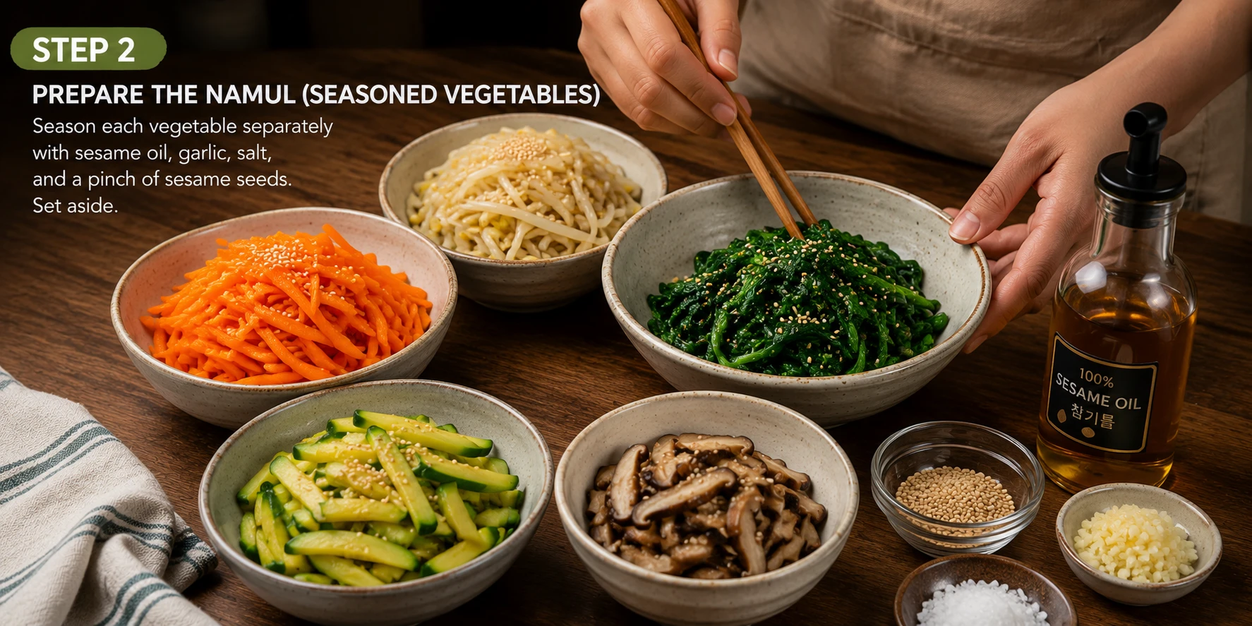 Each namul vegetable being seasoned separately for kimchi bibimbap — Korean cooking technique