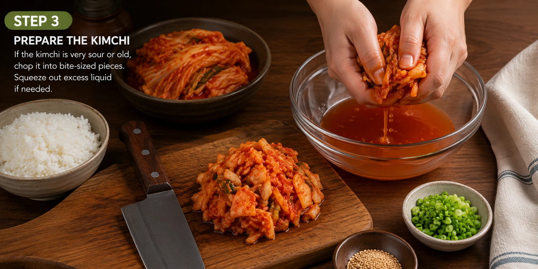 Aged kimchi being squeezed and sautéed in sesame oil for kimchi bibimbap preparation