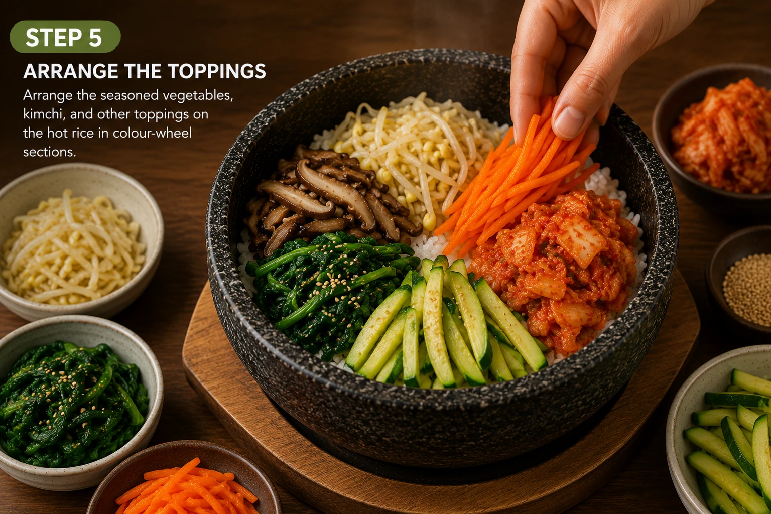 Rainbow namul vegetables arranged in traditional sections on kimchi bibimbap — Step 5