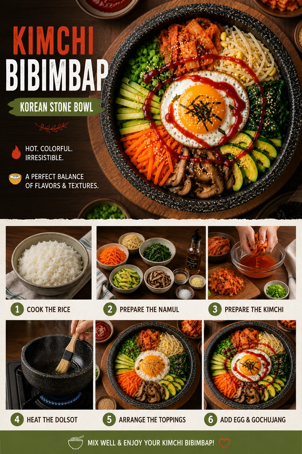 Overhead shot of finished kimchi bibimbap in dolsot stone bowl with rainbow vegetables, fried egg and gochujang sauce — Pinterest recipe card image
