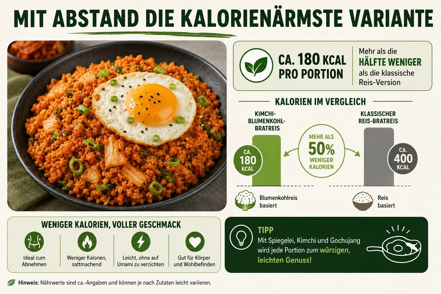 Kimchi-Blumenkohl-Bratreis mit Spiegelei, kalorienärmste Variante der Silo
