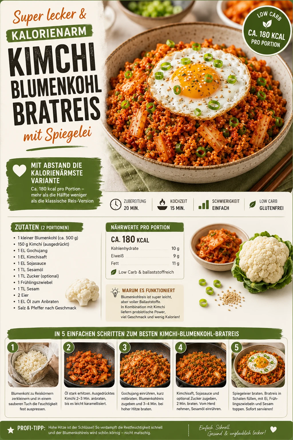 Kimchi-Blumenkohl-Bratreis mit Spiegelei, Frühlingszwiebel und Sesam — Rezeptkarte