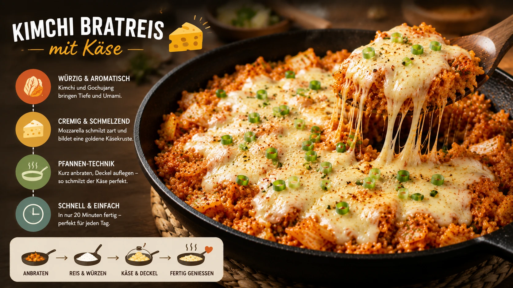 Fertiges Kimchi Bratreis mit geschmolzenem Mozzarella direkt aus der Pfanne