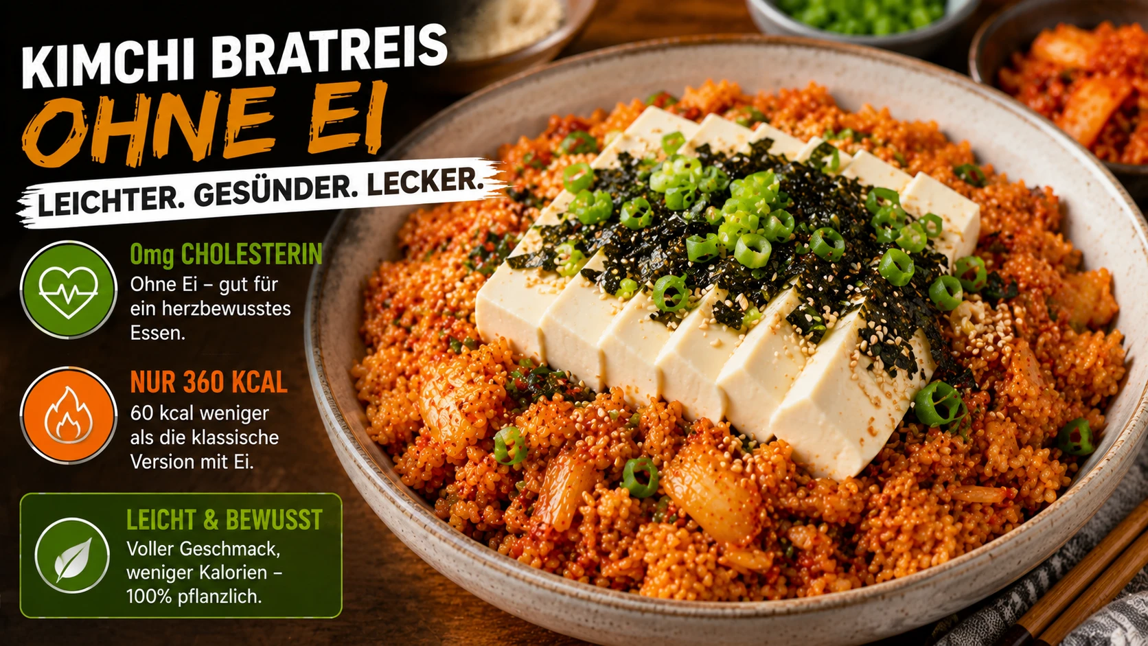 Fertiges Kimchi Bratreis ohne Ei mit Seidentofu, Frühlingszwiebel und Nori