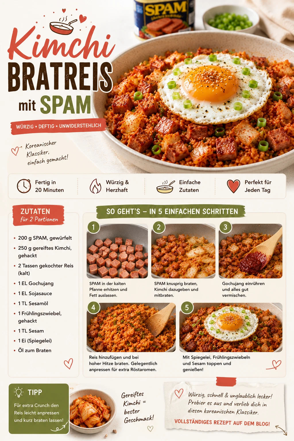 Kimchi Bratreis mit Spam, Spiegelei, Frühlingszwiebel und Sesam — Rezeptkarte