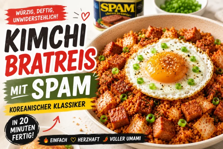 Featured Image für Kimchi Bratreis mit SPAM – würziger koreanischer Bratreis mit knusprigem SPAM, Spiegelei und kräftigem Umami-Geschmack als aufmerksamkeitsstarkes Titelbild.